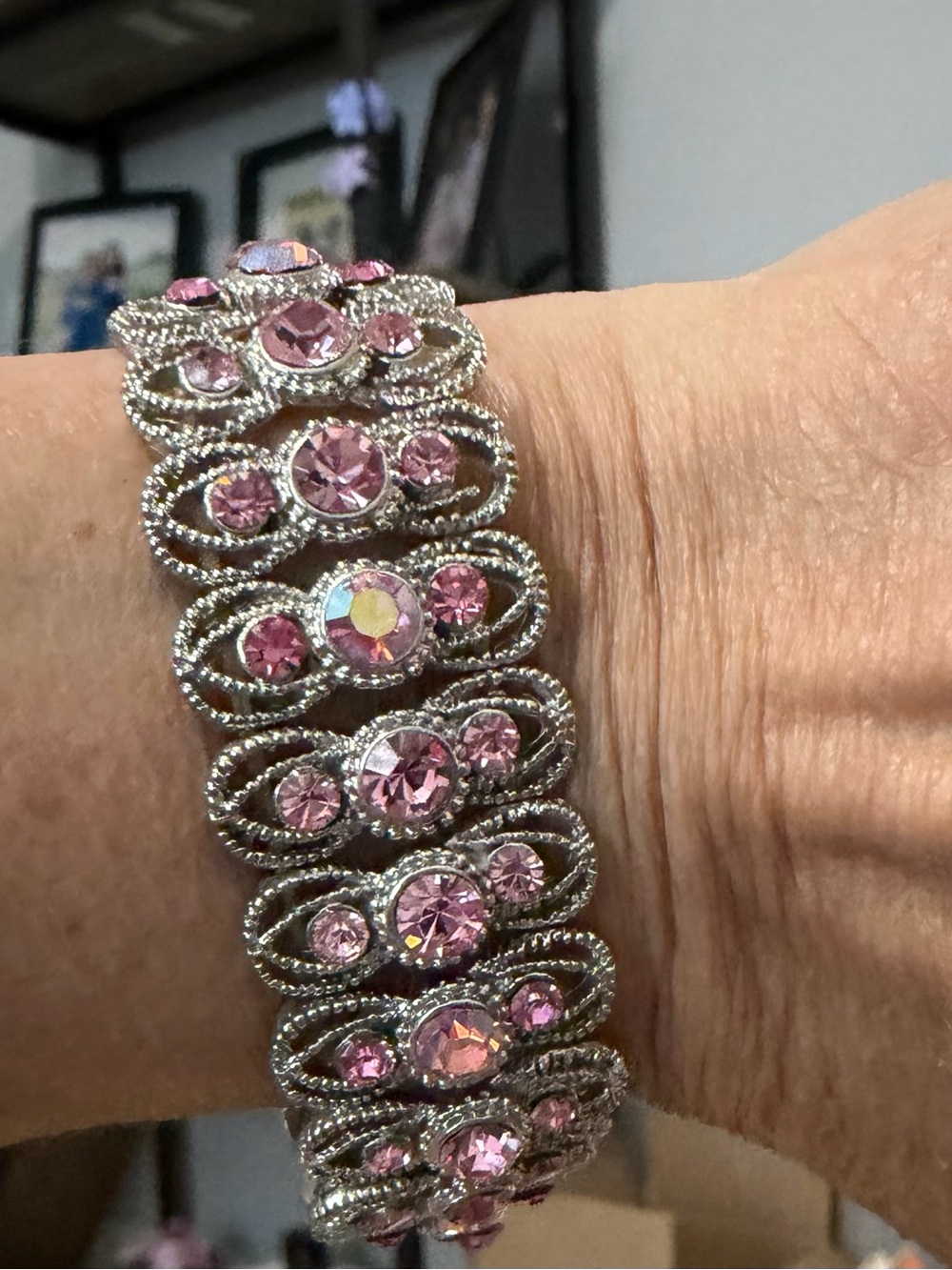 Vintage Pink Crystal Stretch Bracelet with Silver-Tone Filigree - Picture 3 of 3